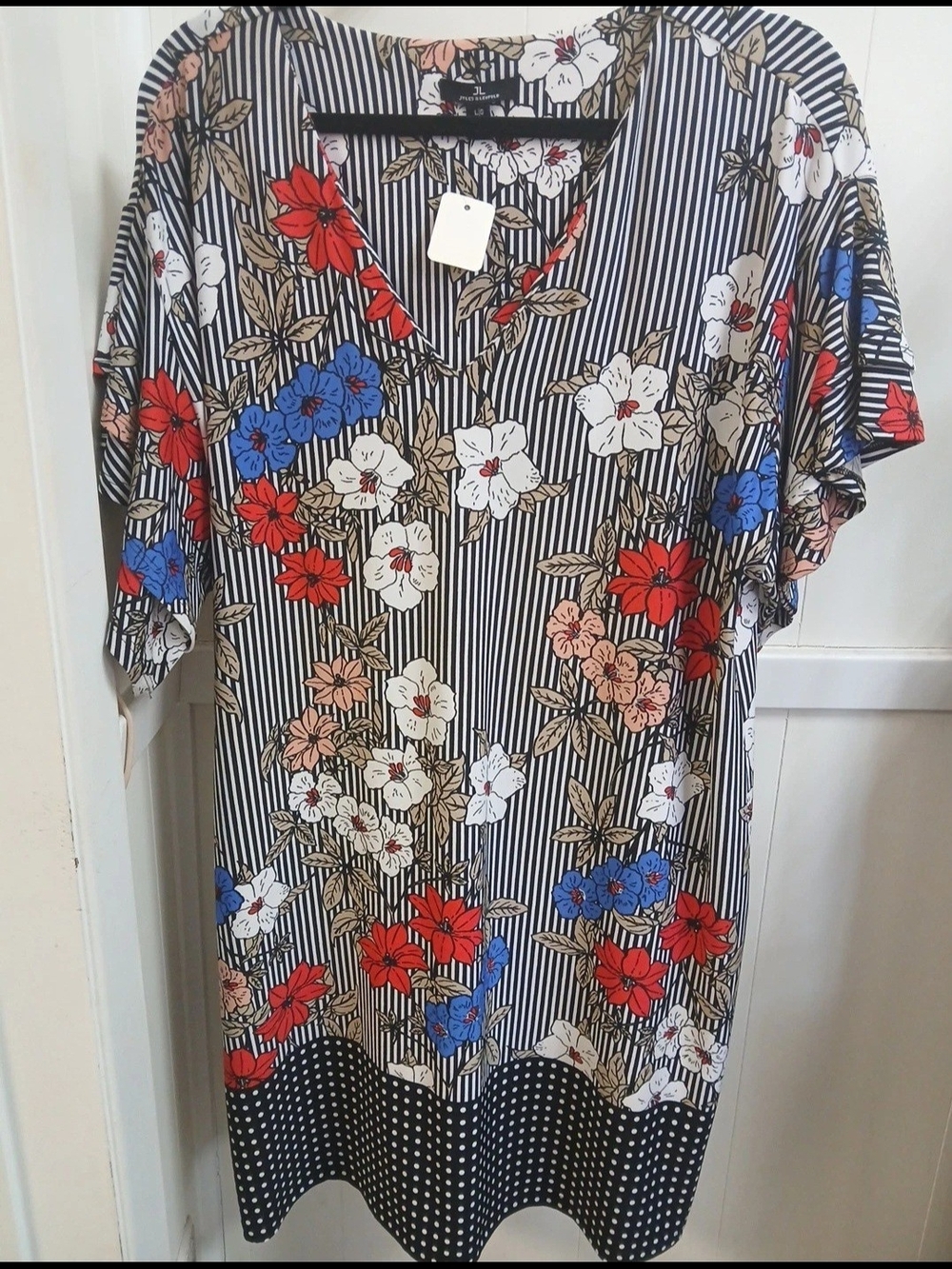 Jules & Leopold Black and White Striped V-Neck Floral Midi Dress #193
